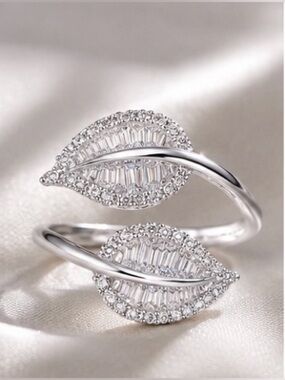 Anthropologie Silver Leaf Wrap Ring with Clear Crystals